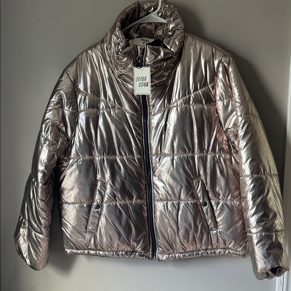 Outer Edge Shimmering Silver Puffer Jacket